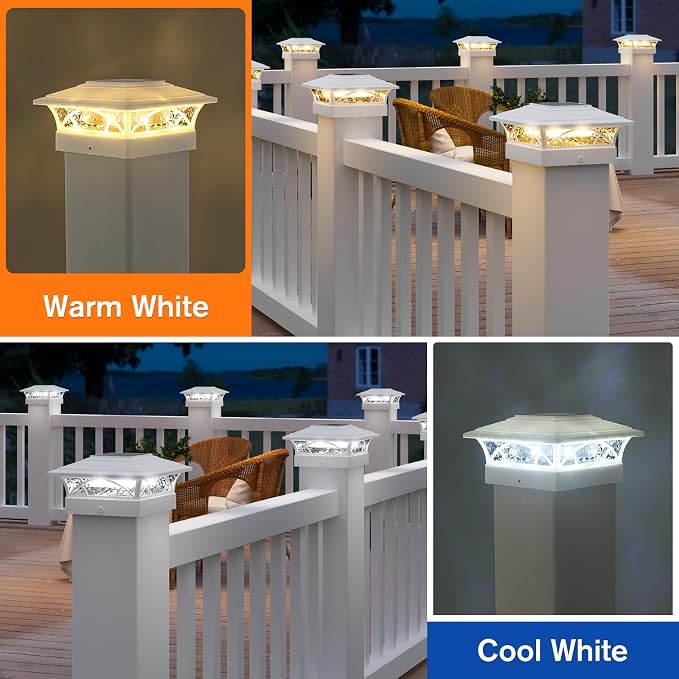 APONUO Solar Post Cap Lights 12 Pack - 4x4 5x5 6x6 Fence Post Lights, Auto On/Off, Waterproof IP64, 2-Mode (Warm/Cool White), Deck Patio Yard Solar Light for Wood & Vinyl Posts, White