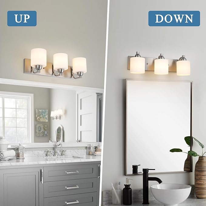 Mecgirn Stainless Steel Milk Glass Bathroom Vanity Light Over Mirror, 3 Light Brushed Nickel Bathroom Light Fixtures with Frosted Glass, Modern Vanity Lighting Wall Mount