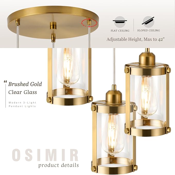 3-Light Pendant Lighting, Brushed Gold Dining Room Chandelier Light Fixture Over Table with Clear Glass, Modern Cluster Hanging Lights for Kitchen Island Sink, OS-3014-3BG