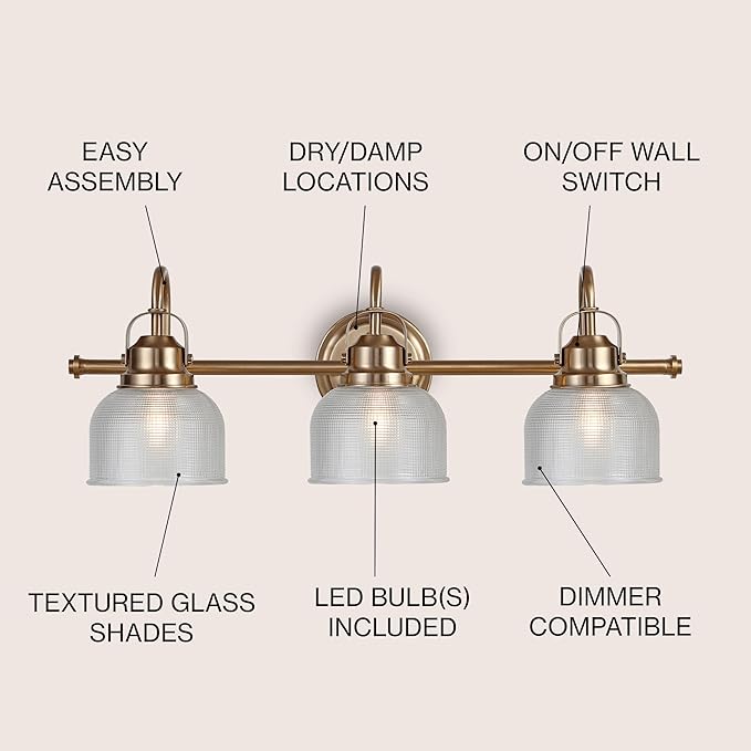 JONATHAN Y 25.25" Brass Gold Modern Bathroom Vanity Light, 3-Light LED Wall Sconce, Clear Glass Bell Shade for Mirror Hallway Kitchen, ETL Listed, LED Bulb Included (JYL7409B)
