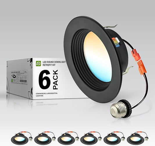 ASD 6 Pack Black 4 Inch Retrofit LED Recessed Light - 10W 2700K-5000K 849LM Retrofit LED Recessed Lighting 4 Inch, Dimmable Black Recessed Lights, Wet Rated Baffle Trim Can Lights, ETL, Energy Star