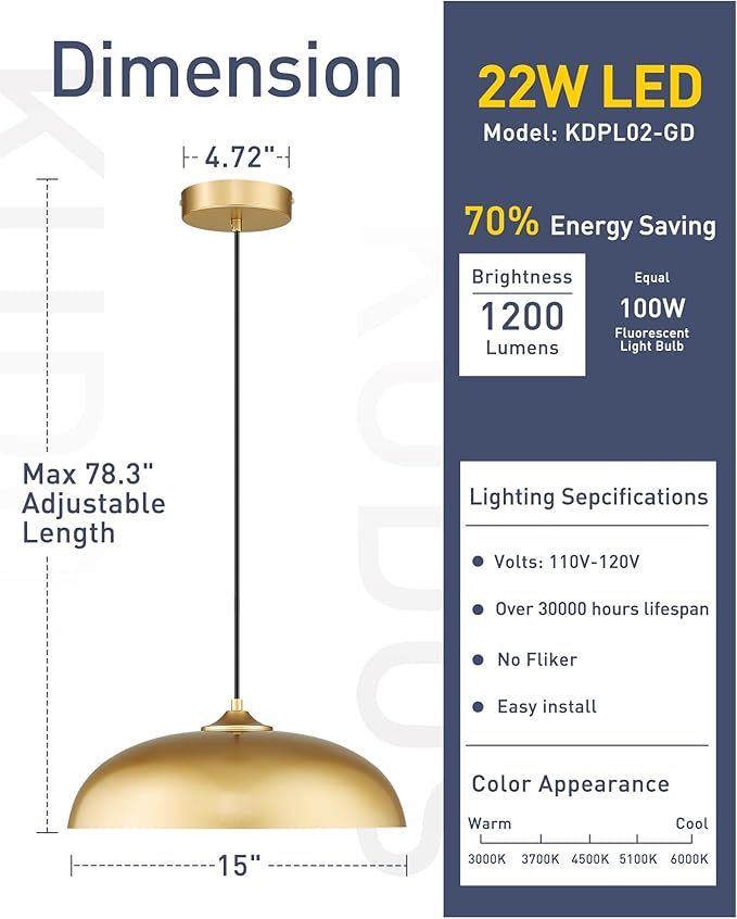 kudos LED Pendant Light Fixtures, Modern Gold Pendant Light, 15 Inch Large Kitchen Pendant Light for Kitchen Island, Dining Room, Living Room, Bedroom, 5CCT Adjustable, KDPL02-GD