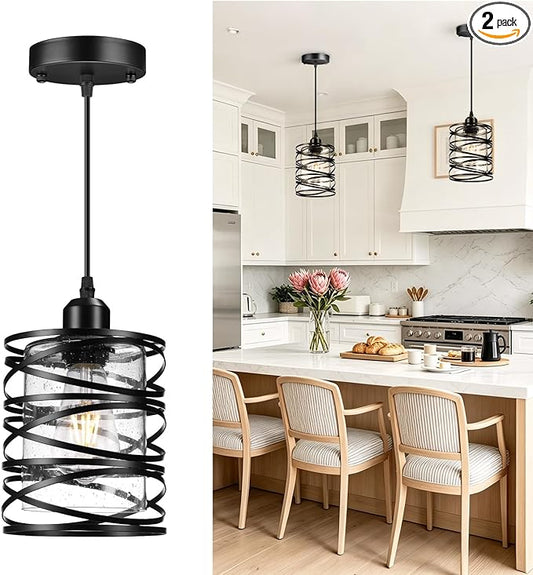 Pendant Lights Kitchen Island, Modern Black Farmhouse Hanging Light with Bubble Seeded Glass, 2 Pack Pendant Lighting with Adjustable Height for Dining Room, Bedroom, Living Room, Hallway