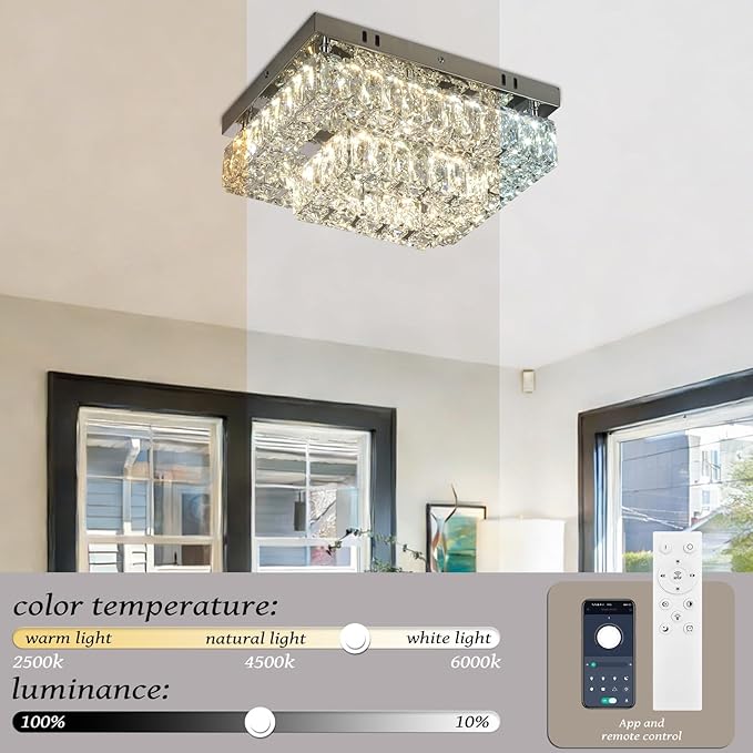 Finktonglan Modern 2-Tier Crystal Flush Mount Ceiling Light, 11.8" Rectangular Dimmable LED Ceiling Fixture with Multi-Faceted Crystal Prisms, 24W Low Profile for Kitchen Dining Hallway