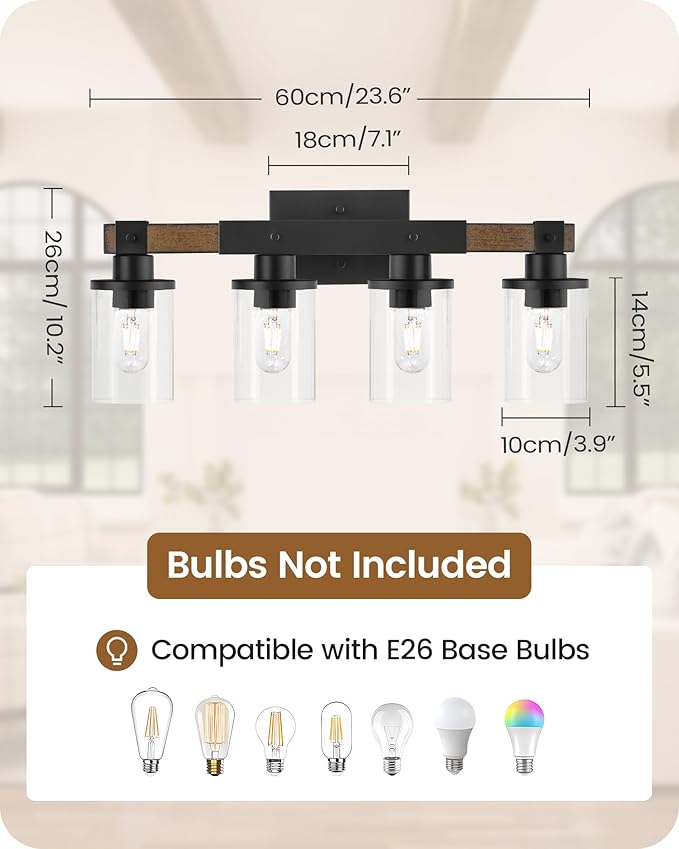 4-Light Bathroom Light Fixture, Farmhouse Vanity Lights for Bathroom with Glass Shade, Rustic Bathroom Light Fixtures, E26 Base F09BD05