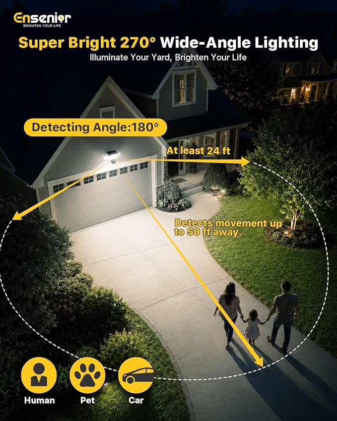 Ensenior Solar Motion Lights Outdoor, 228 LED Solar Security Lights with Remote Control, IP65 Waterproof 3 Heads Flood Light with 4 Modes, 270° Wide Angle Motion Sensor Light Outside - 4 Packs