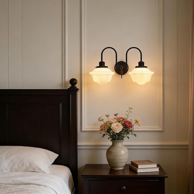 Pathson Vintage Milk White Wall Sconces, 2-Lights Hardwired Glass Bathroom Vanity Light Double Metal Curved Arms, Wall Painting Sconce Lamps Decor for Mirror, Living Room, Loft, Stairwell, Foyer