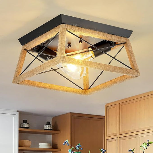 Boho Rattan Ceiling Light Fixture 2-Light Flush Mount Ceiling Light with Rattan Wood Shade Farmshouse Ceiling Lamp Fixture for Hallway Entryway Kitchen Sink Dining Room Bedroom