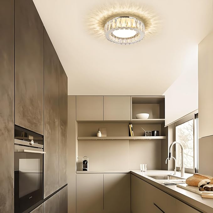 Dimmable Crystal Modern LED Flush Mount Ceiling Light,Chrome 11 Inch Small Chandelier 24W 5CCT 3000K-6000K Hallway Close to Ceiling Light Fixtures for Kitchen,Entryway,Laundry Room,Bedroom
