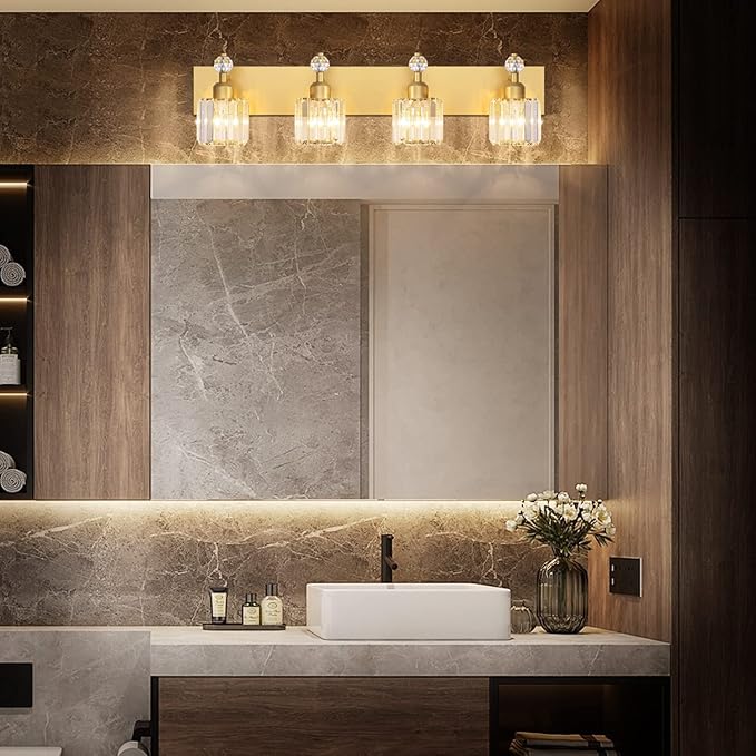 PRESDE Crystal 4 Bathroom Vanity Light Modern Gold Vanity Light Fixture Wall Lamp for Over Mirror Bedroom Hallway