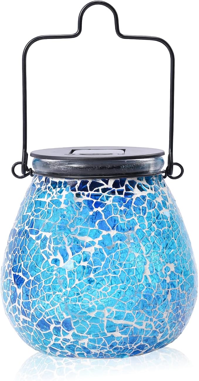 Bshine Mosaic Solar Lantern Outdoor Hanging Waterproof, Fragmented Glass Blue Mosaic Light Valentine's Day Indoor Decor Table, Garden Decor for Yard Outside, Lawn, Birthday Gift for Mom Gardening