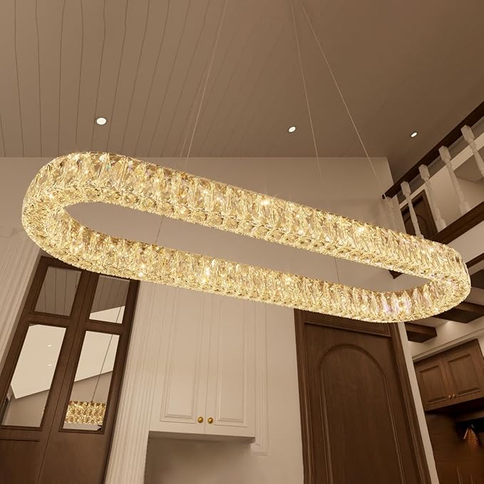 HAIXIANG LED Long Chandeliers for Dining Table Modern Chandelier Dimmable Pendant Lights Crystal Rectangular Glam Lighting Fixtures for Dining Room Kitchen Island Silver