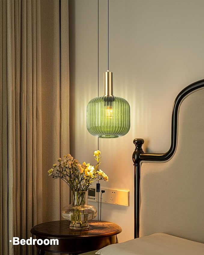Plug in Glass Pendant Light 1-Light Gold Industrial Light with 14.7FT Black Cord Mid-Century Modern Pendant Lamp for Kitchen Sink Living Room Bedroom, Indoor Green Glass Lamp