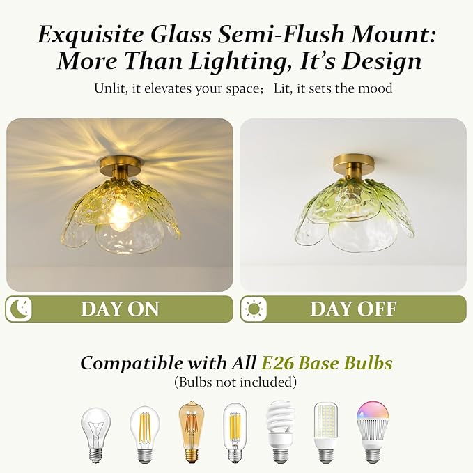 Vintage Semi Flush Mount Ceiling Light,Bronze Ceiling Light Fixtures with Gradient Green Handmade Leaf Glass for Bedroom,Kitchen,Hallway,Entryway