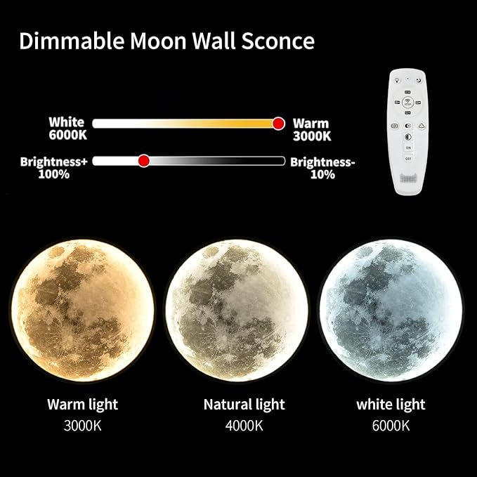 QIYIMEILUX Dimmable Moon Wall Sconce Plug in Modern LED Wall Light with Remote Control 9.5inch 15W Black Wall Lamp Indoor Wall Mounted Lighting Ceiling Light Fixture for Living Room Bedroom
