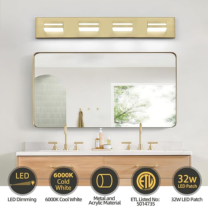 OKELI 4 Light Bathroom Vanity Light Gold Modern 32W LED Dimmable Vanity Light Over Mirror 350° Adjustable Lamp Head Cold White 6000K ETL Listed 30Inch