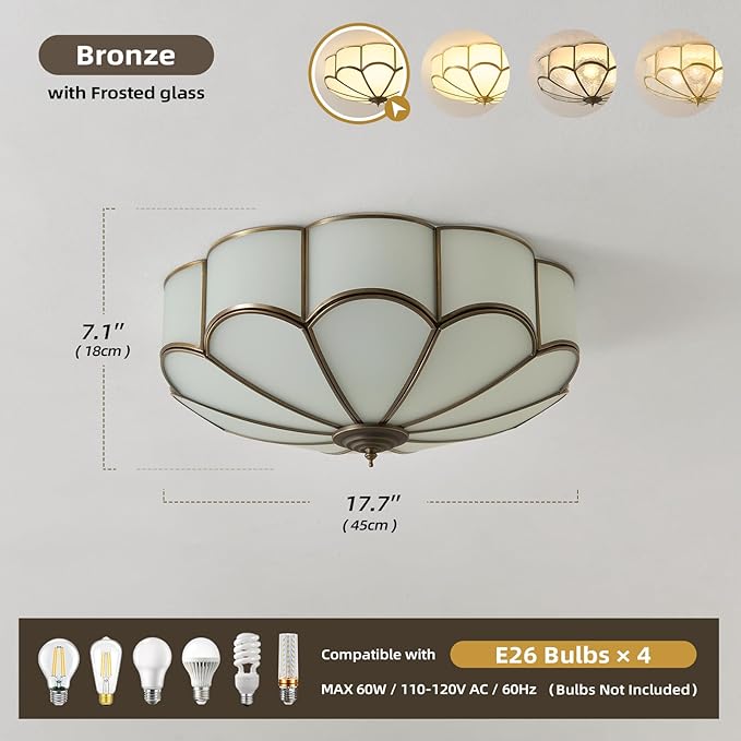 Vintage Black Glass Ceiling Light - Large 17.7 Inch Bronze Mid Century Flush Mount Lighting Fixtures - Art Deco Antique Modern Lamps for Hallway Bedroom Kitchen Entryway Farmhouse Foyer Bathroom Hall