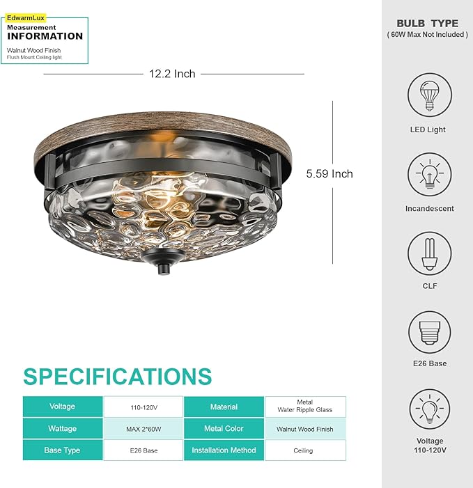 Edwarmlux Flush Mount Ceiling Lights, 2-Light Farmhouse Close to Ceiling Light, Industrial Ceiling Lighting Fixture for Kitchen Hallway Bedroom Living Room Stairways Porch (Water Ripple Glass)