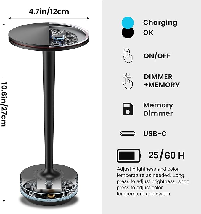 Cordless Table Lamp Rechargeable,6000mAh Battery Operated LED Desk Lamp 3 Color Stepless Touch Dimming,Waterproof Portable Memory Function Light for Bedroom,Outdoor,Patio,Dining,Restaurant Black