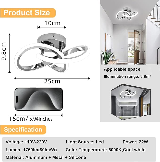 EIDISUNY Modern LED Ceiling Lights, 9.5in Chrome Hallway Ceiling Light fixtures 22W Cool White 6000K, Flush Mount Ceiling Light for Kitchen,Aisle, Entrance, Bedroom, Bathroom, Living Room