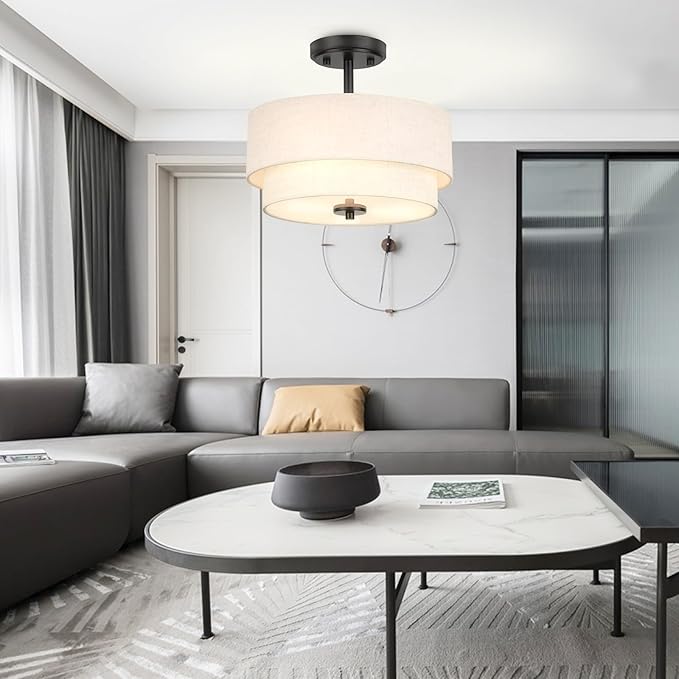3-Light Semi Flush Mount Ceiling Light Fixture, 12.6" Black Drum Light with White Fabric Shade,Modern Close to Ceiling Light for Living Room Bedroom Dining Room Kitchen Hallway Entry Foyer