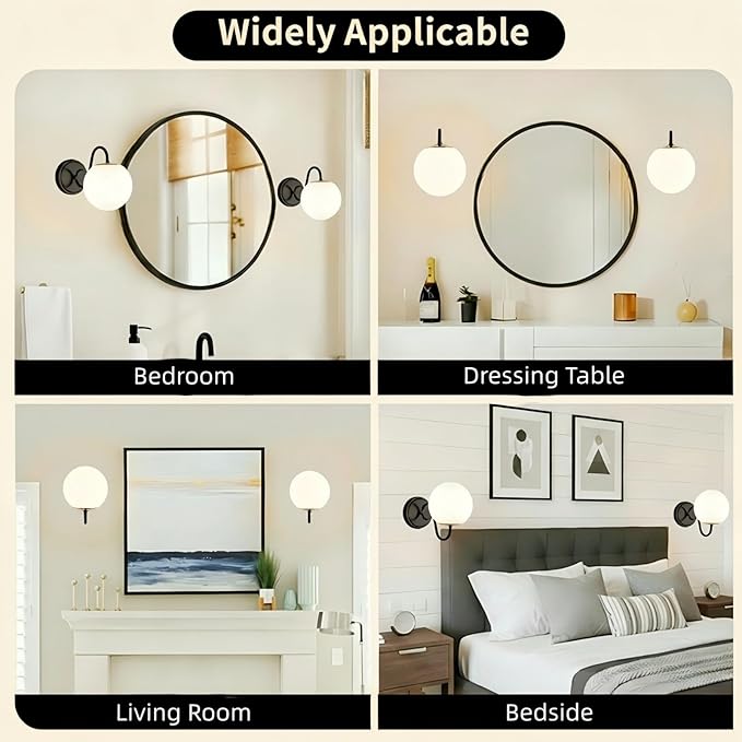 2-Pack Wall Sconce for Bathroom, Vintage Matte Black Vanity Lights, Wall Mount Light Fixtures With Milk Glass Globe Shade, Indoor Wall Lights Fixture for Bedroom Living Room Mirror Hallway(G9 Incl.)