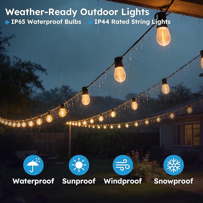 GvvooHome 50FT S11 LED Outdoor String Lights with App & Remote, Low-Voltage Patio Lights with Music Sync, 4 Lighting Modes, Dimmable, Waterproof LED Outdoor Lights for Porch, Deck, Garden, Backyard