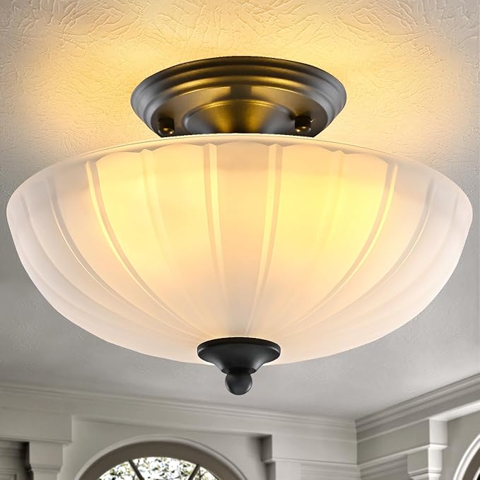 Semi Flush Mount Ceiling Light, 3-Light Kitchen Ceiling Lighting Fixtures with Frosted Glass Lampshade, Black Modern Chandelier for Living Room Bedroom Hallway