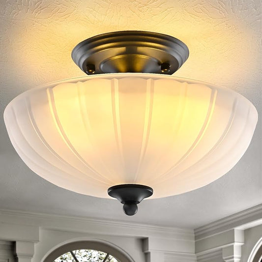 Semi Flush Mount Ceiling Light, 3-Light Kitchen Ceiling Lighting Fixtures with Frosted Glass Lampshade, Black Modern Chandelier for Living Room Bedroom Hallway