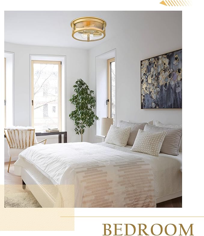 Flush Mount Ceiling Light Fixture, 2 - Lights Farmhouse Ceiling Light, Industrial Seeded Glass Light Fixtures with Metal Cage for Hallway Porch Corridor Kitchen Bathroom Bedroom Passway - Gold