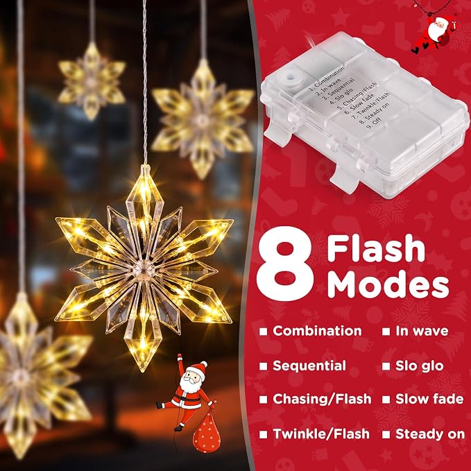 Marchpower Christmas Snowflake Window Lights, 3Pack 36LED Battery Powered Christmas Window Lights, Waterproof Snowflake Curtain Lights with Timer & 8 Modes for Indoor Outdoor Xmas Decor