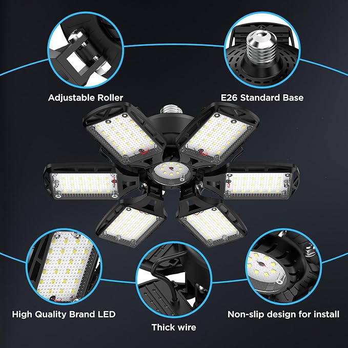 LED Garage Lights 2 Pack, 18000LM 180W Deformable Shop Light with 6+1 Adjustable Panels, 6500K Daylight White Ceiling Light for E26 Base, Ideal for Garage/Basement/Barn