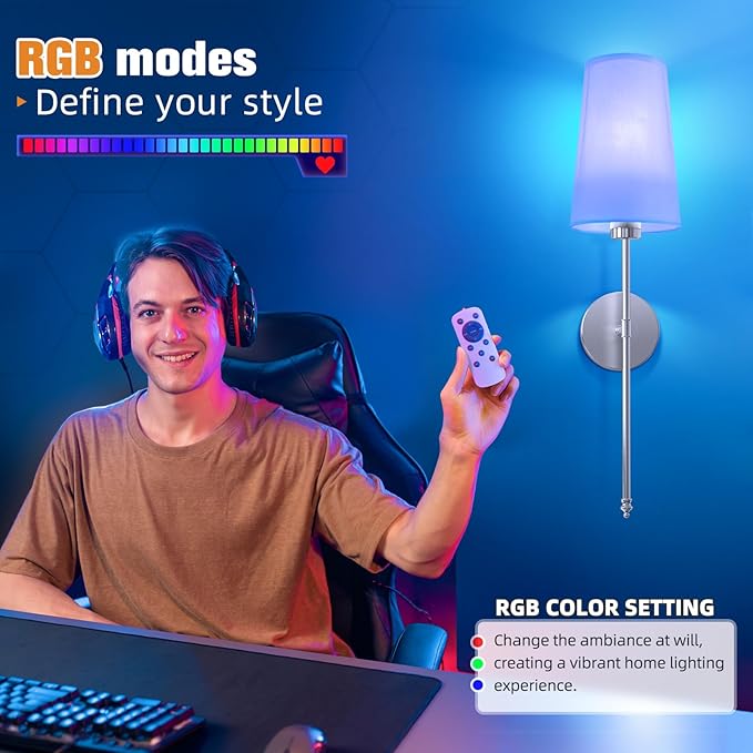 NIORSUN Brushed Nickel Battery Operated Wall Sconce Set of 2,Rechargeable Wall Lights with 5200mAh Dimmable Detachable Bulbs and Remote,9 Colors Wireless Sconces for Bedroom Living Room Hallway