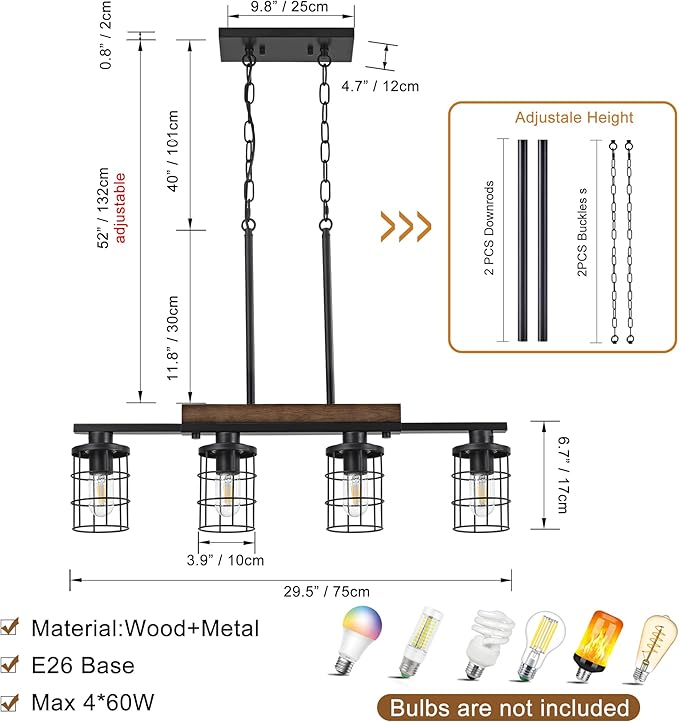 30" Farmhouse Kitchen Light Fixture, Black Hanging Kitchen Chandelier, 4-Light Rustic Dining Room Light Adjustable Height with Wood and Metal Frame, Suit for Farmhouse, Industrial Style