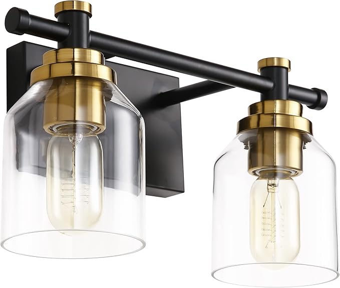SOLFART Vintage 2 Lights Wall Lighting Bathroom Vanity Light Vintage Black Brass Sconce Light Fixtures Black Metal with Clear Glass