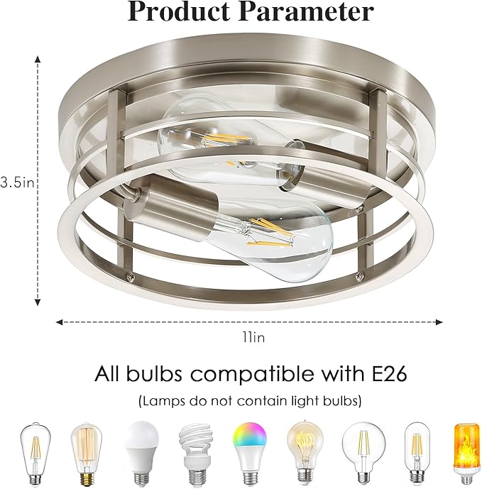 2-Light Round Flush Mount Ceiling Light, Farmhouse Brushed Nickel Metal Cage Close to Ceiling Light Fixture, 11inch E26 Base Semi Ceiling Mount Lamp, Modern Pendant Lighting for Porch 2 Pack