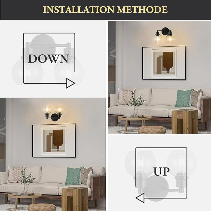 Bathroom Vanity Light 2 Light, Black Bathroom Light Fixtures with Clear Globe Glass Shade, Matted Black Wall Sconce Over Mirror for Kitchen, Living Room