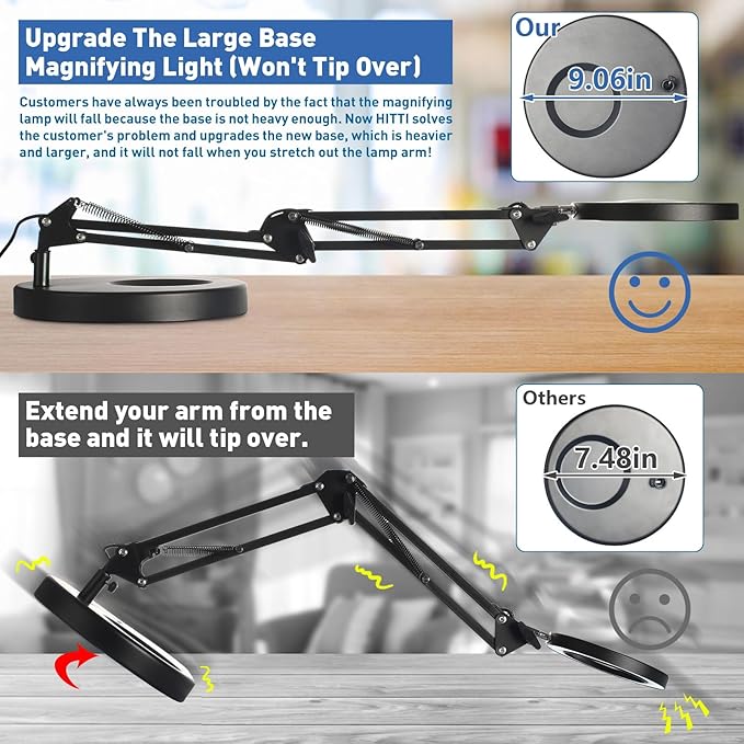 HITTI 30X & 10X Magnifying Glass with Light, 1800 Lumens Stepless Dimmable, 3 Color Modes, 4.2″ Real Glass Lens LED Desk Lamp with Clamp, Magnifier Light and Stand for Craft Reading Jewelry-Black