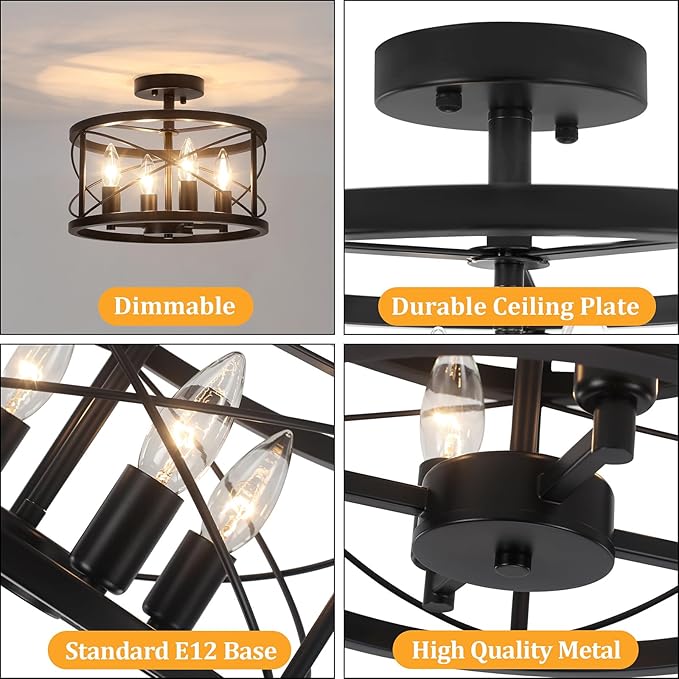 TOULMJ 4-Light Black Semi Flush Mount Ceiling Light, Farmhouse Modern Light Fixture, Hallway Light Fixtures Close to Ceiling Lighting Fixture for Kitchen Island Entryway Laundry Dining Room