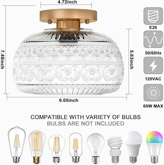 Semi Flush Mount Ceiling Light, Upgraded Modern Close to Ceiling Light Fixture with Clear Glass,Gold Indoor Kitchen Lighting for Porch Corridor Hallway Bedroom, Bulb Not Included