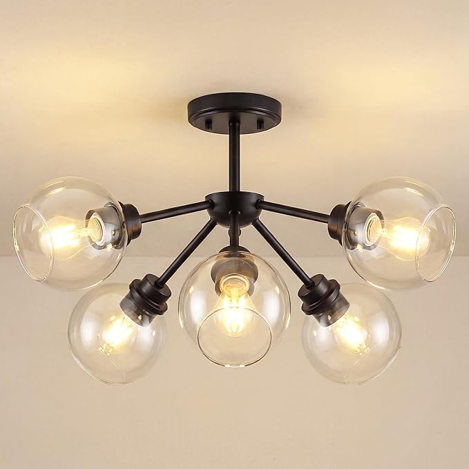 6-Light Semi Flush Mount Ceiling Light, 22" Modern Light Fixtures Ceiling Mount with Globe Clear Glass Shade, Matte Black Light Fixtures for Kitchen Entryway Bedroom, SM195-MB-6