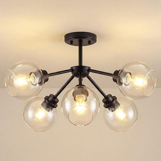6-Light Semi Flush Mount Ceiling Light, 22" Modern Light Fixtures Ceiling Mount with Globe Clear Glass Shade, Matte Black Light Fixtures for Kitchen Entryway Bedroom, SM195-MB-6