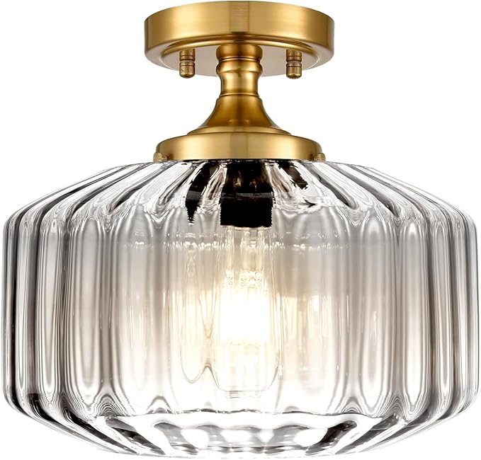 Semi Flush Mount Ceiling Light with 11.02" Clear Seeded Glass Shade, E26 Base Gold Mid Century Chandelier Farmhouse Light Fixture for Hallway Bathroom Entryway