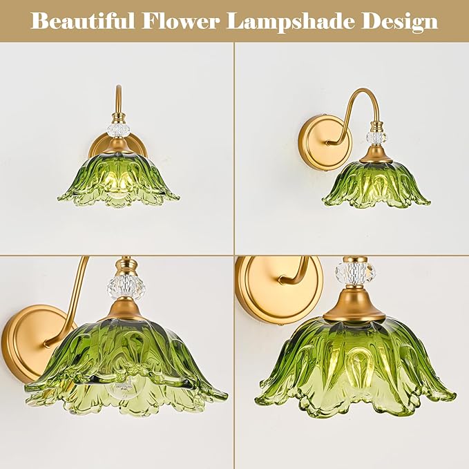 1 Piece Vintage Wall Sconce with Floral Green Glass Shade, Matte Brass Finish Wall Sconce for Bathroom, Vintage Bathroom Vanity Light Fixture