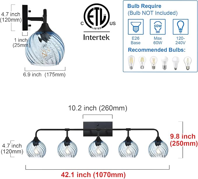 MELUCEE 5-Light Bathroom Light Fixtures 42 Inches, Matte Black Vanity Lights with Blue Striped Swirl Glass Shade, Mid-Century Modern Bathroom Vanity Light Over Mirror