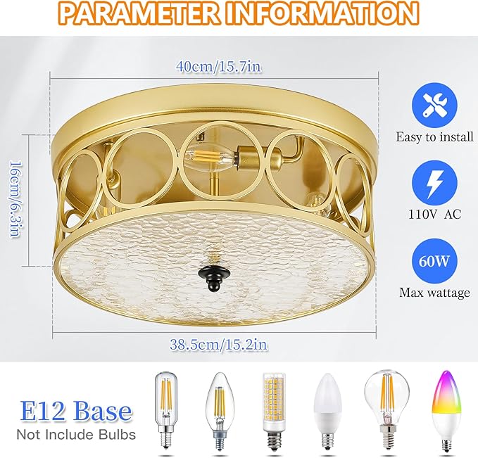 4-Light Flush Mount Ceiling Light Fixtures,15.2in Gold Metal Farmhouse Ceiling Lighting with Clear Glass & E12 Socket,for Kitchen Island, Bedroom, Entryway, Dining Room