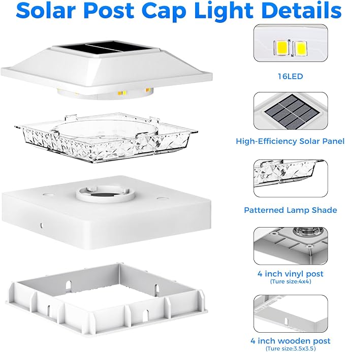 Peasur 4x4 Post Solar Lights 4 Pack, 2 Modes 16 LED Solar Post Cap Light Waterproof, Deck Fence Post Solar Lights Powered Outdoor, Fit 4x4 Wood/Vinyl Posts for Porch Patio