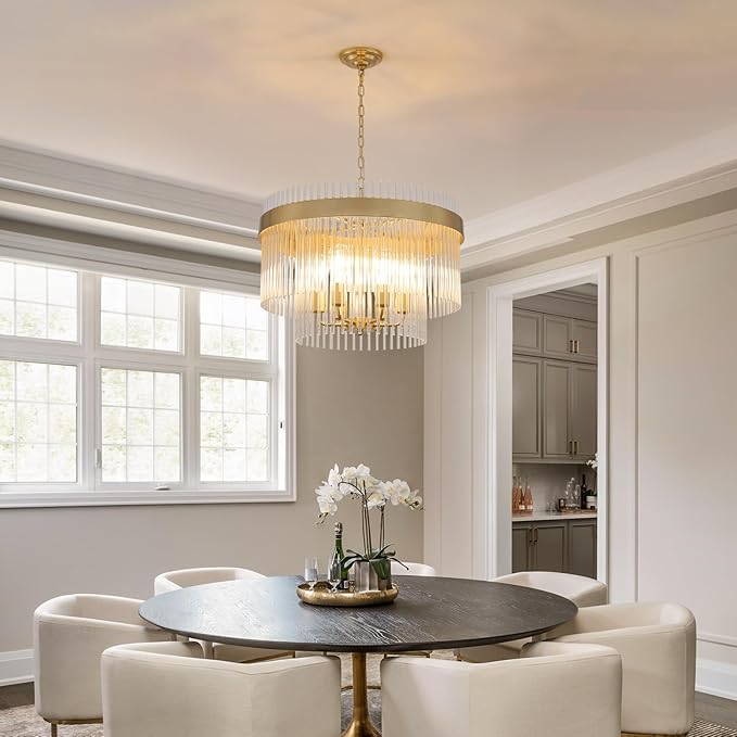 Dijiahua Modern Gold 23.6”Round Chandelier for Dining Room,6-Light Pendant Lights Kitchen Island 1 Pack,2-Tiers Luxury Brushed Brass Adjustable Cord Ceiling Hanging Lamp for for Entryway Living Room