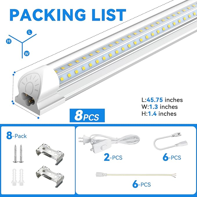 CNSUNWAY Led Shop Lights, 4FT LED Light 50W 7500LM 6500K Daylight White, D Shape Garage Light, Linkable Clear Cover T8 Integrated for Garage Workshop Workbench, ETL Listed(8-Pack)