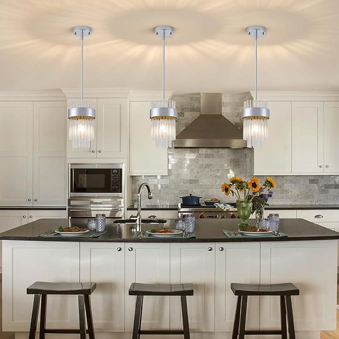 Dijiahua Chrome Pendant Lights Kitchen Island 3 Pack, Modern Hanging Kitchen Pendant Lighting Over Sink with Crystal Glass,Small Chandeliers Fixtures Adjustable Cord Hanging Lighting